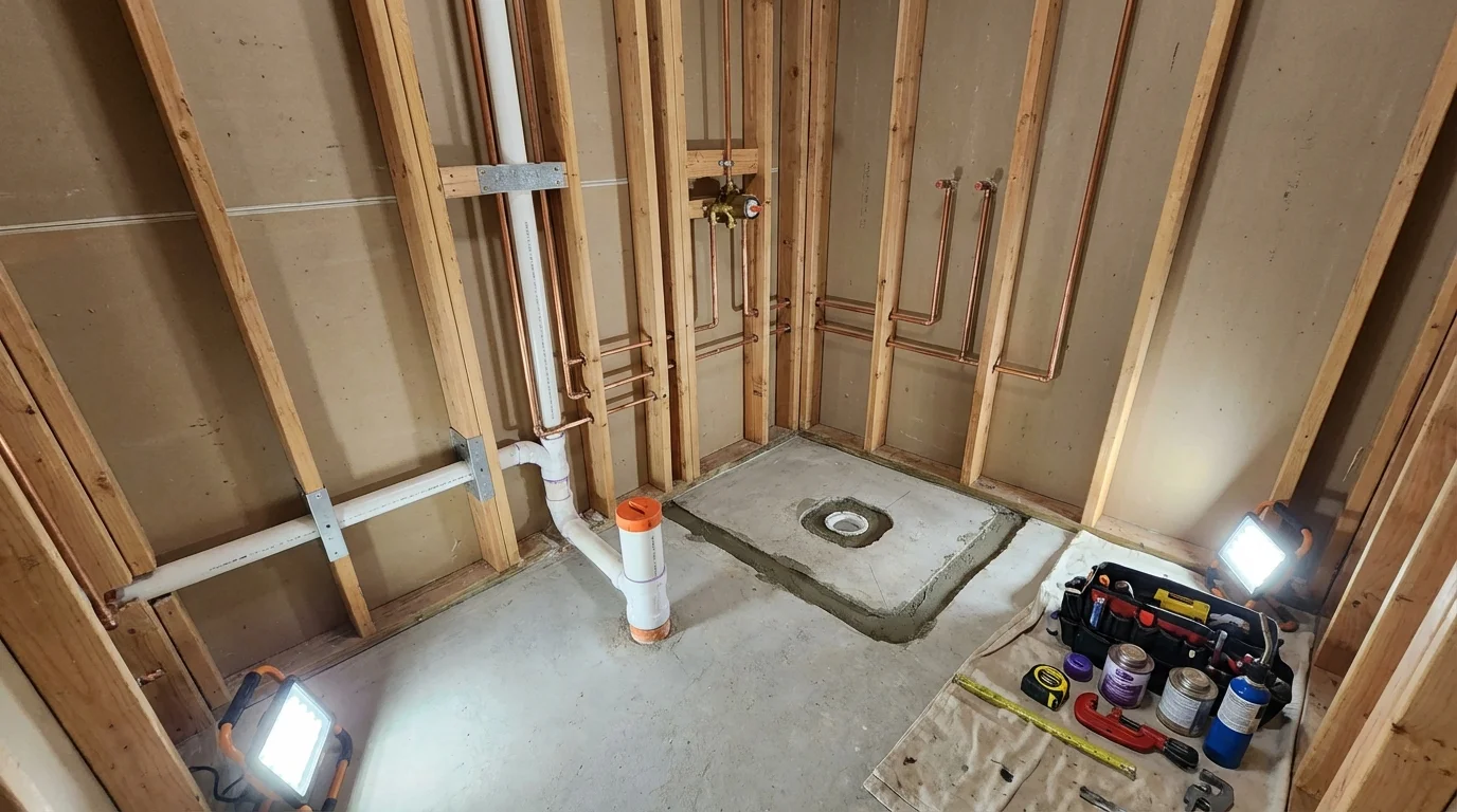 Bathroom rough-in plumbing during remodel by Johns Plumbing LLC in Bellport