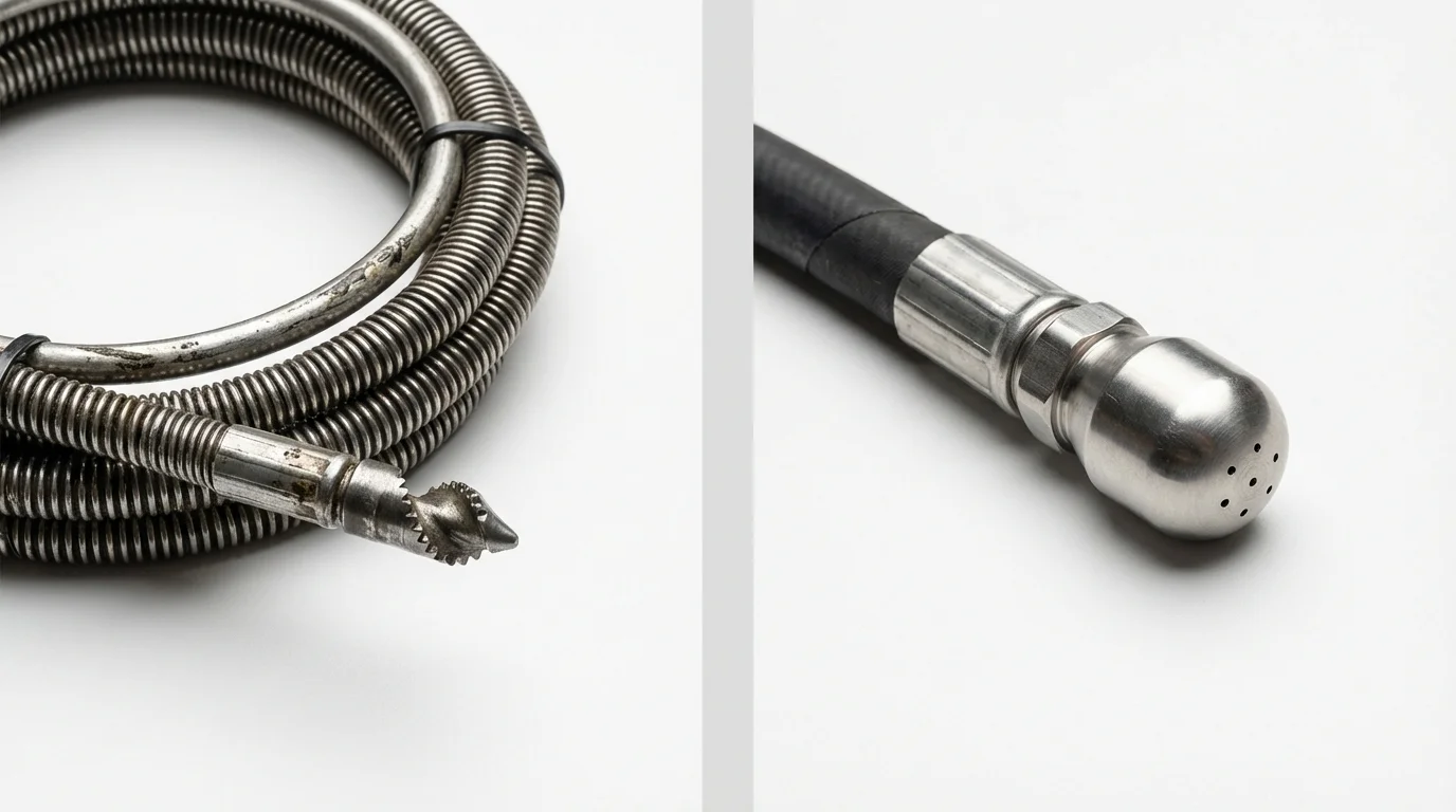 Drain snake cable and hydro jetting nozzle used for drain cleaning in Bellport, NY