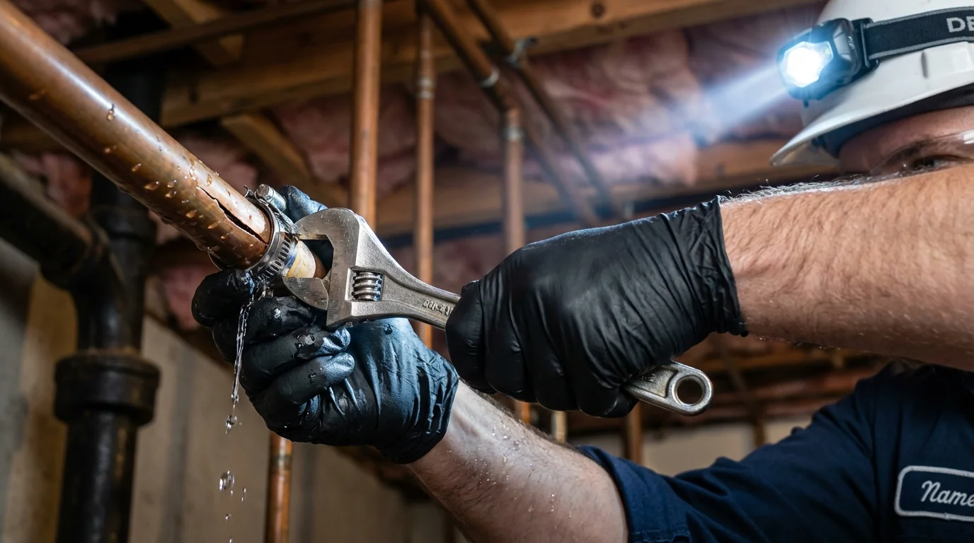 Emergency pipe clamp repair being performed by a Johns Plumbing LLC plumber in Bellport