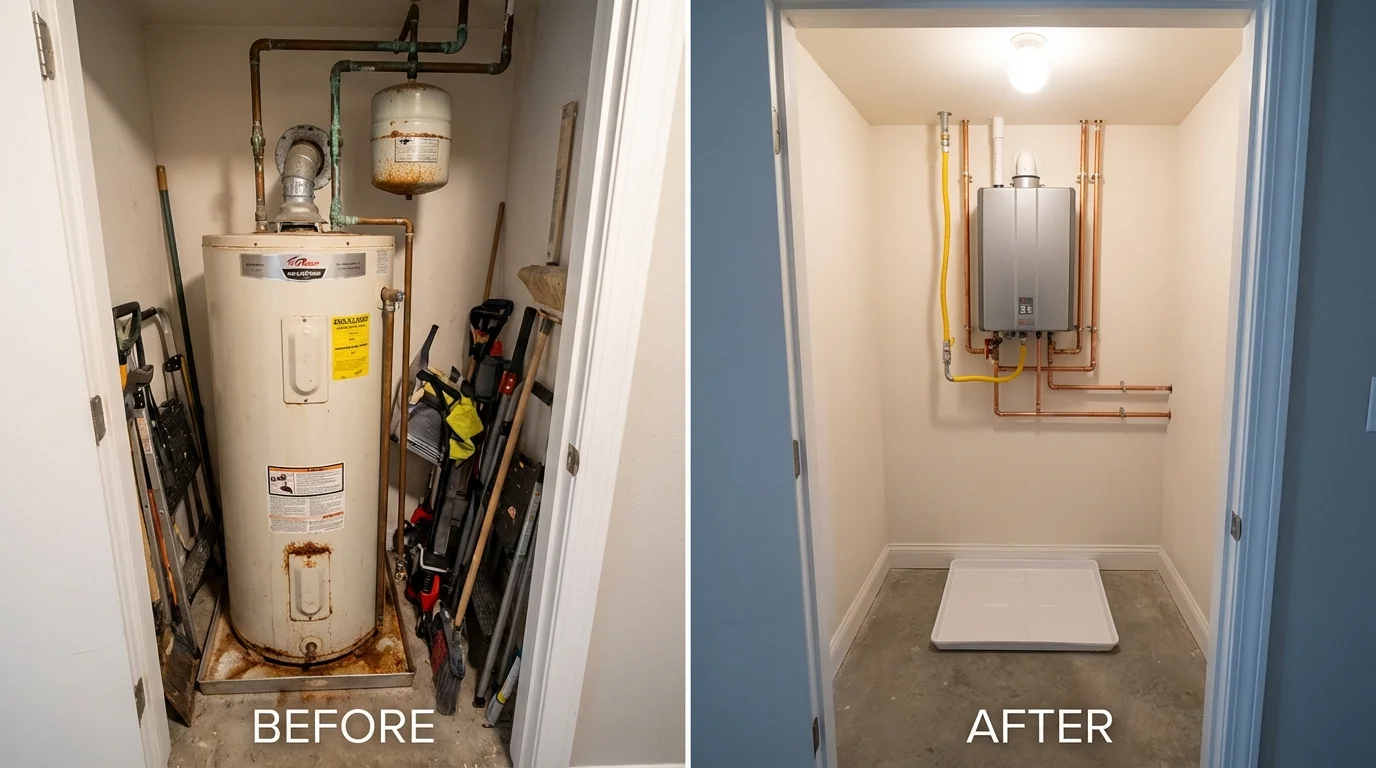 Tank water heater versus wall-mounted tankless unit comparison for Bellport, NY homeowners