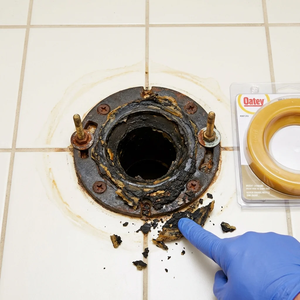 Failed wax ring showing water seepage at the base of a toilet in a Bellport, NY home