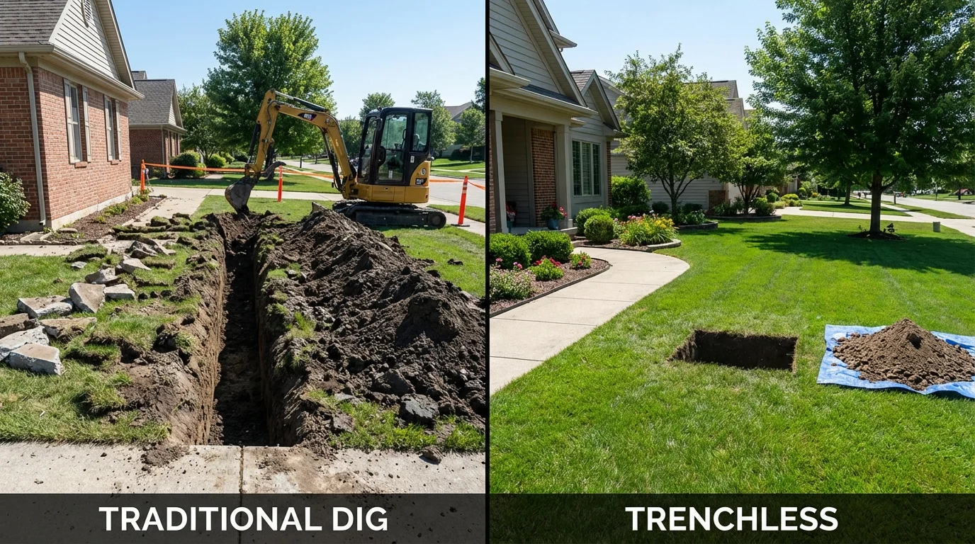 Trenchless sewer repair with minimal yard damage versus traditional excavation in Bellport, NY