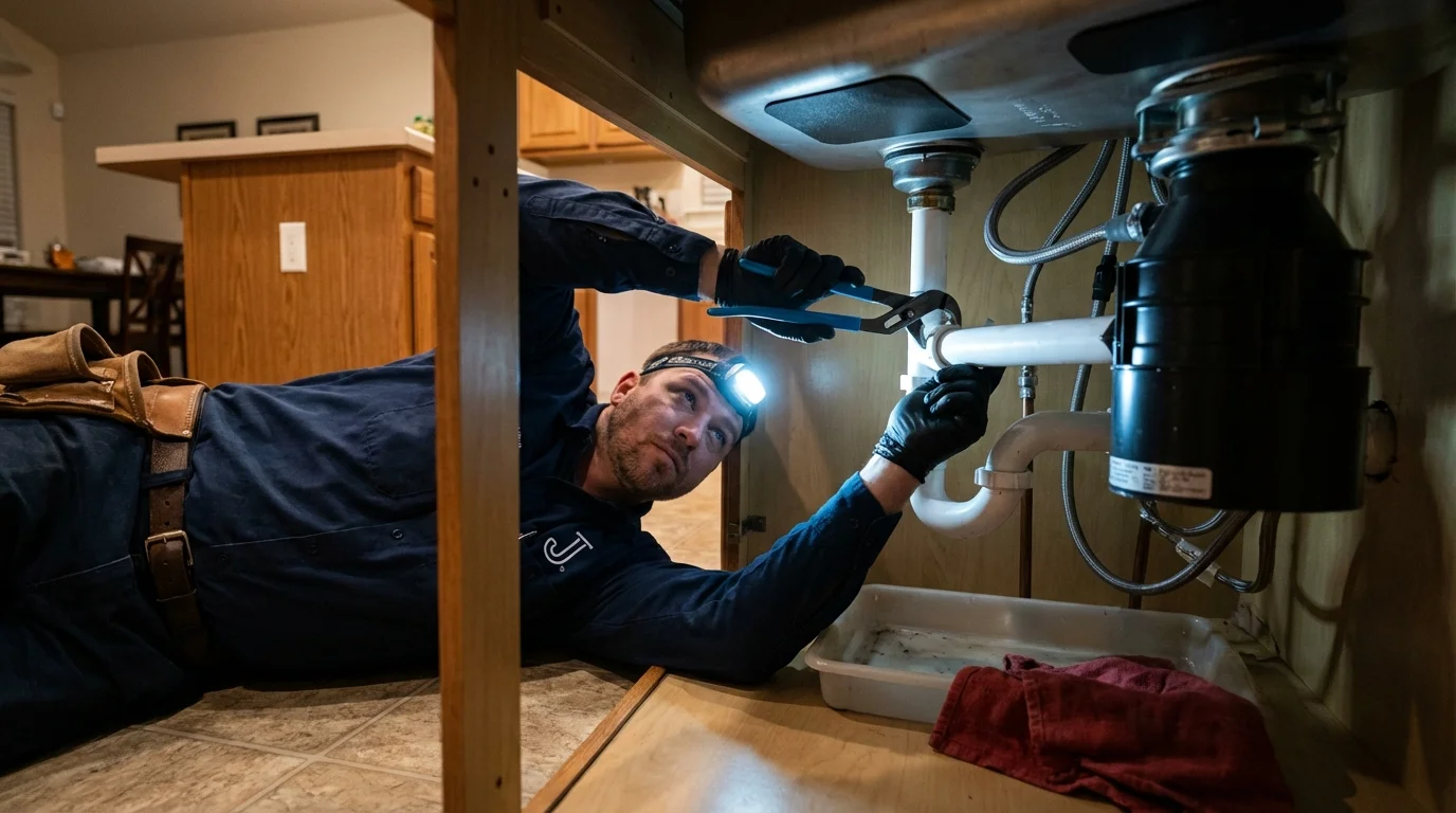P-trap and supply line connections under a kitchen sink showing a common leak point in Bellport, NY